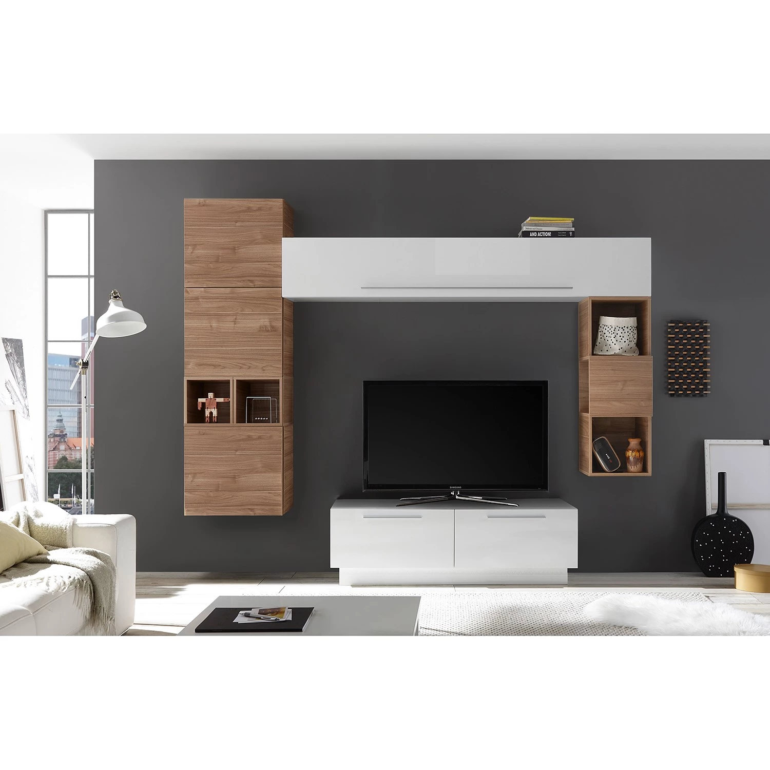 LC Spa Ensemble meubles TV Infinity VIII (8 él) - Blanc / Imitation noyer clair 3 LC Spa Ensemble meubles TV Infinity VIII (8 él) - Blanc / Imitation noyer clair