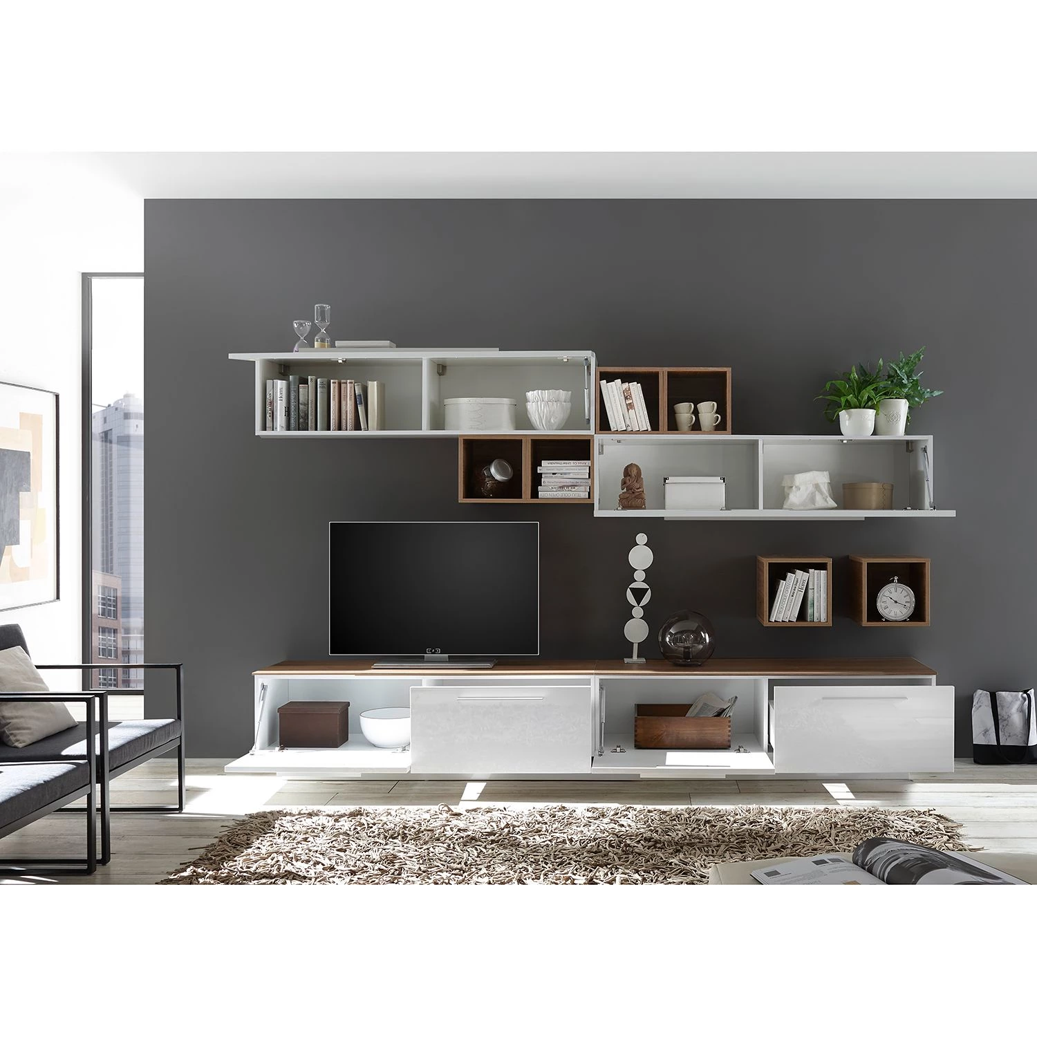 LC Spa Ensemble meubles TV Infinity X (12 él.) - Blanc / Imitation noyer clair 5 LC Spa Ensemble meubles TV Infinity X (12 él.) - Blanc / Imitation noyer clair – Image 3