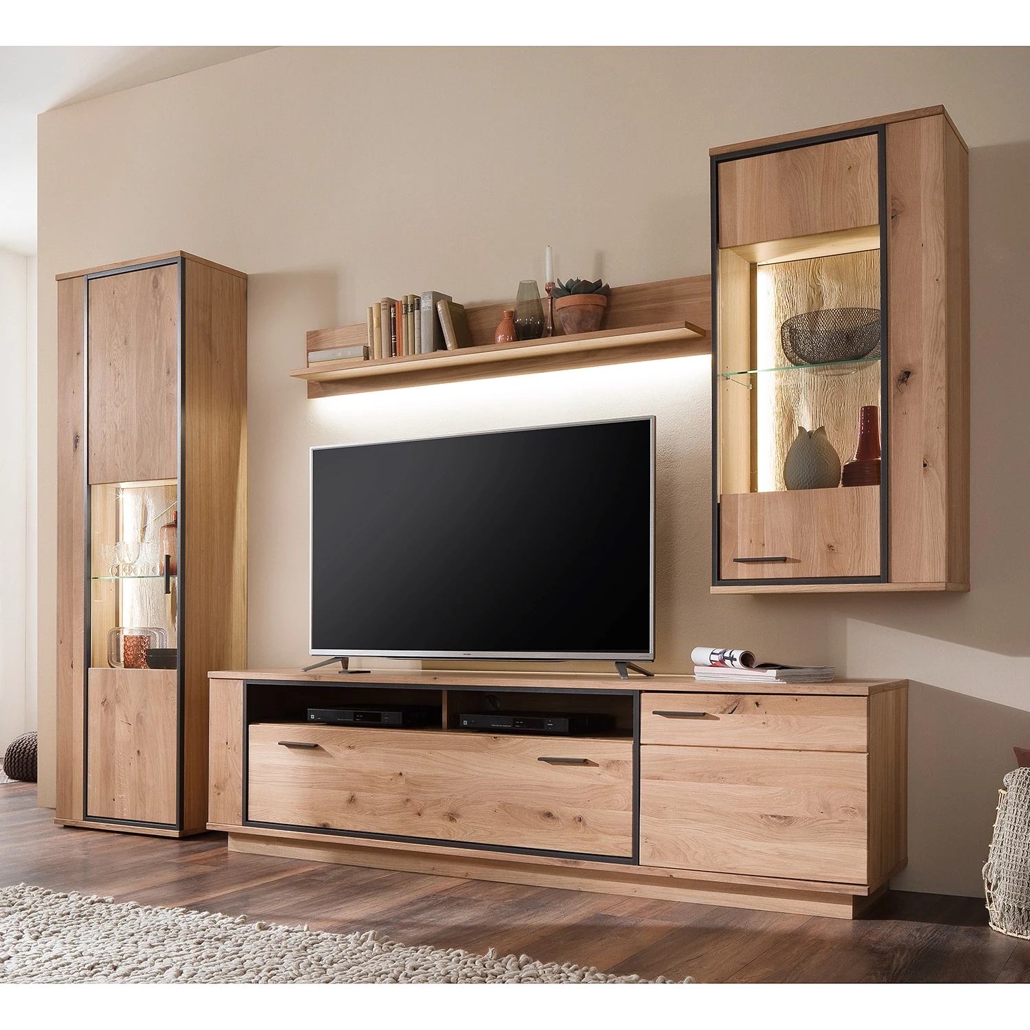 Naturoo Meubles TV muraux Doora II (4 élém.) - Partiellement en chêne à nœuds massif - Chêne à nœuds Bianco / Graphite 4 Naturoo Meubles TV muraux Doora II (4 élém.) - Partiellement en chêne à nœuds massif - Chêne à nœuds Bianco / Graphite – Image 2