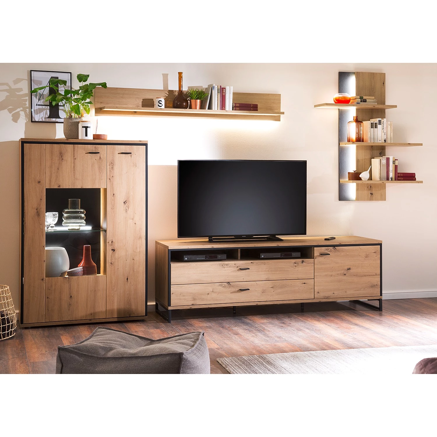 Loftscape Ensemble meubles TV Buena II (4 élém.) - Imitation planches de chêne / Anthracite 4 Loftscape Ensemble meubles TV Buena II (4 élém.) - Imitation planches de chêne / Anthracite – Image 2
