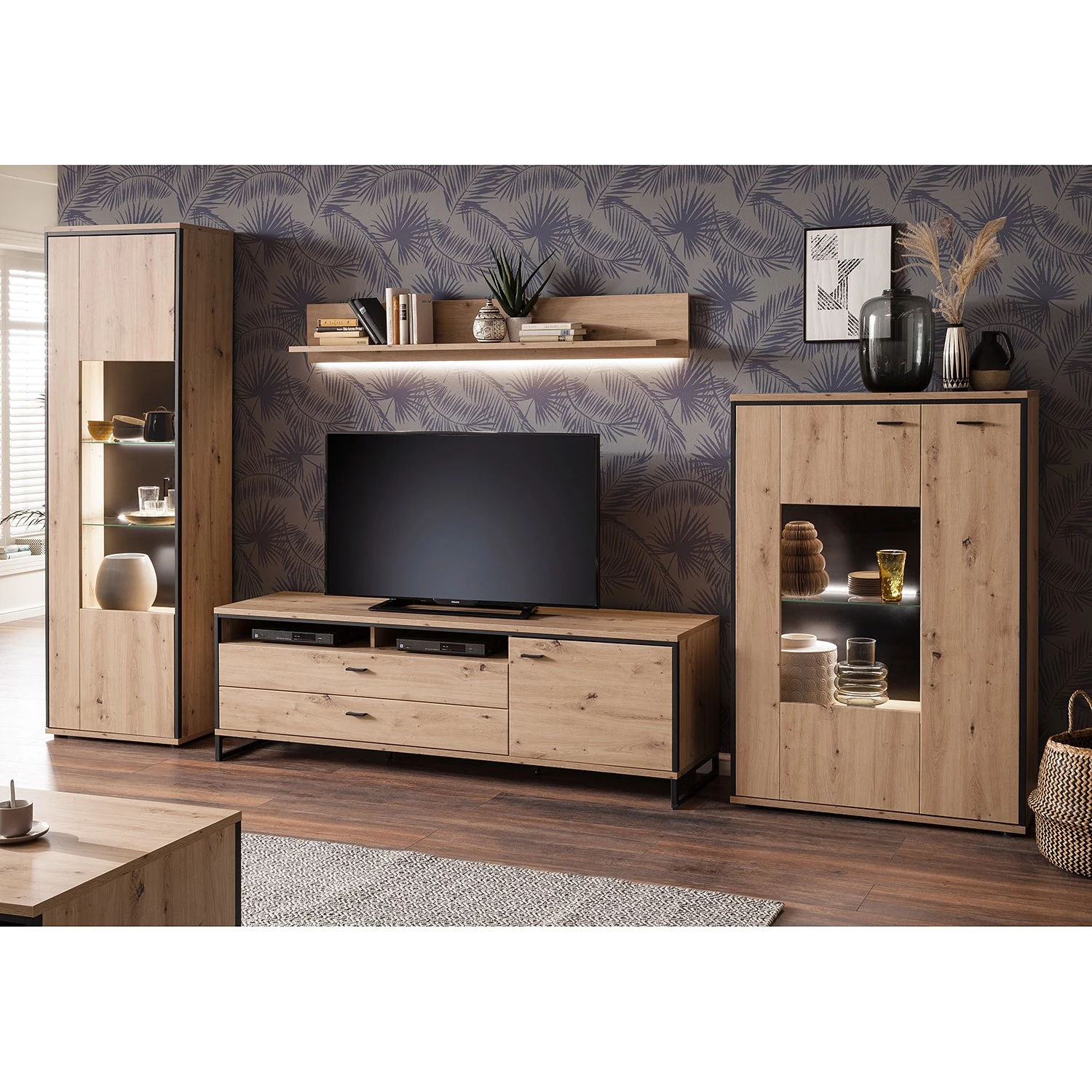 Loftscape Ensemble meubles TV Buena III (4 élém.) - Imitation planches de chêne / Anthracite 4 Loftscape Ensemble meubles TV Buena III (4 élém.) - Imitation planches de chêne / Anthracite – Image 2