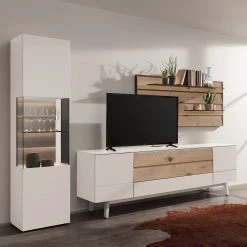 GWINNER Ensemble meubles TV Misano II (3 Ă©lĂ©m.) - Placage en bois vĂ©ritable / Verre - Planches de chĂȘne / Gris - Blanc / ChĂȘne sauvage - Sans Ă©clairage