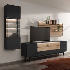 GWINNER Ensemble meubles TV Misano I (3 élém.) - Placage en bois véritable / Verre - Planches de chêne / Gris - Anthracite / Chêne sauvage - Avec éclairage