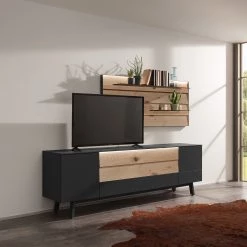 GWINNER Ensemble meubles TV Misano III (2 élém.) - Placage en bois véritable / Verre - Planches de chêne / Gris - Anthracite / Chêne sauvage - Avec éclairage