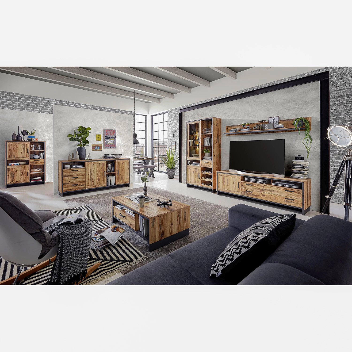 Ridgevalley Ensemble meubles TV Priay II (3 élém.) - Avec éclairage - Imitation mélèze / Graphite 4 Ridgevalley Ensemble meubles TV Priay II (3 élém.) - Avec éclairage - Imitation mélèze / Graphite – Image 2