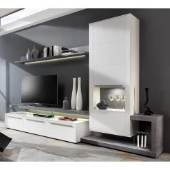 GWINNER Ensemble meubles TV Bellano II (3 élém.) - Blanc mat / Imitation béton - Alignement à droite - Avec éclairage
