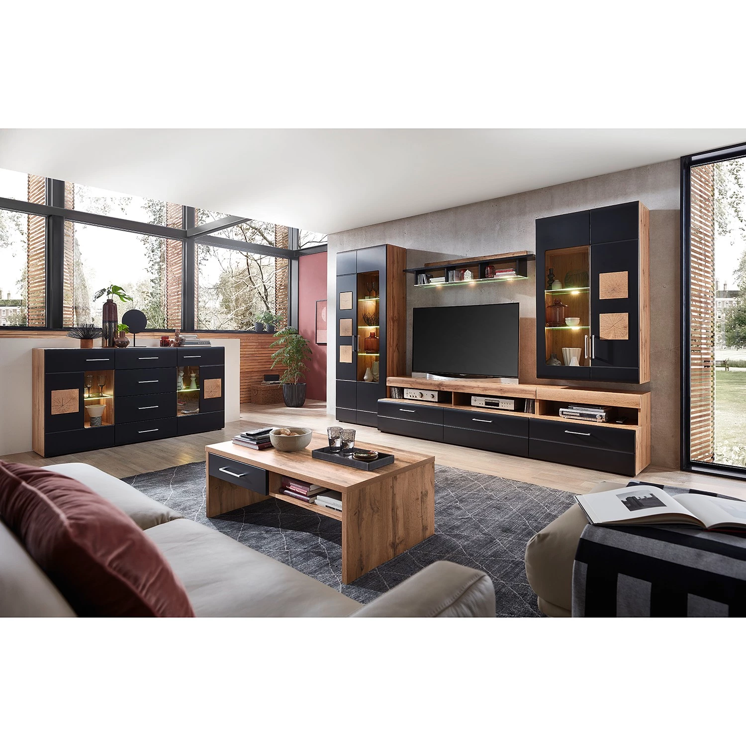 Loftscape Ensemble meubles TV Belloc II (5 élém.) - Avec éclairage intégré - Noir mat / Imitation chêne 4 Loftscape Ensemble meubles TV Belloc II (5 élém.) - Avec éclairage intégré - Noir mat / Imitation chêne – Image 3