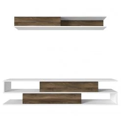 Loftscape Ensemble meubles TV Morioka - Blanc / Imitation noyer -Meubles TV muraux Soldes 1000333622 220302 030 DETAILS P000000001000333622