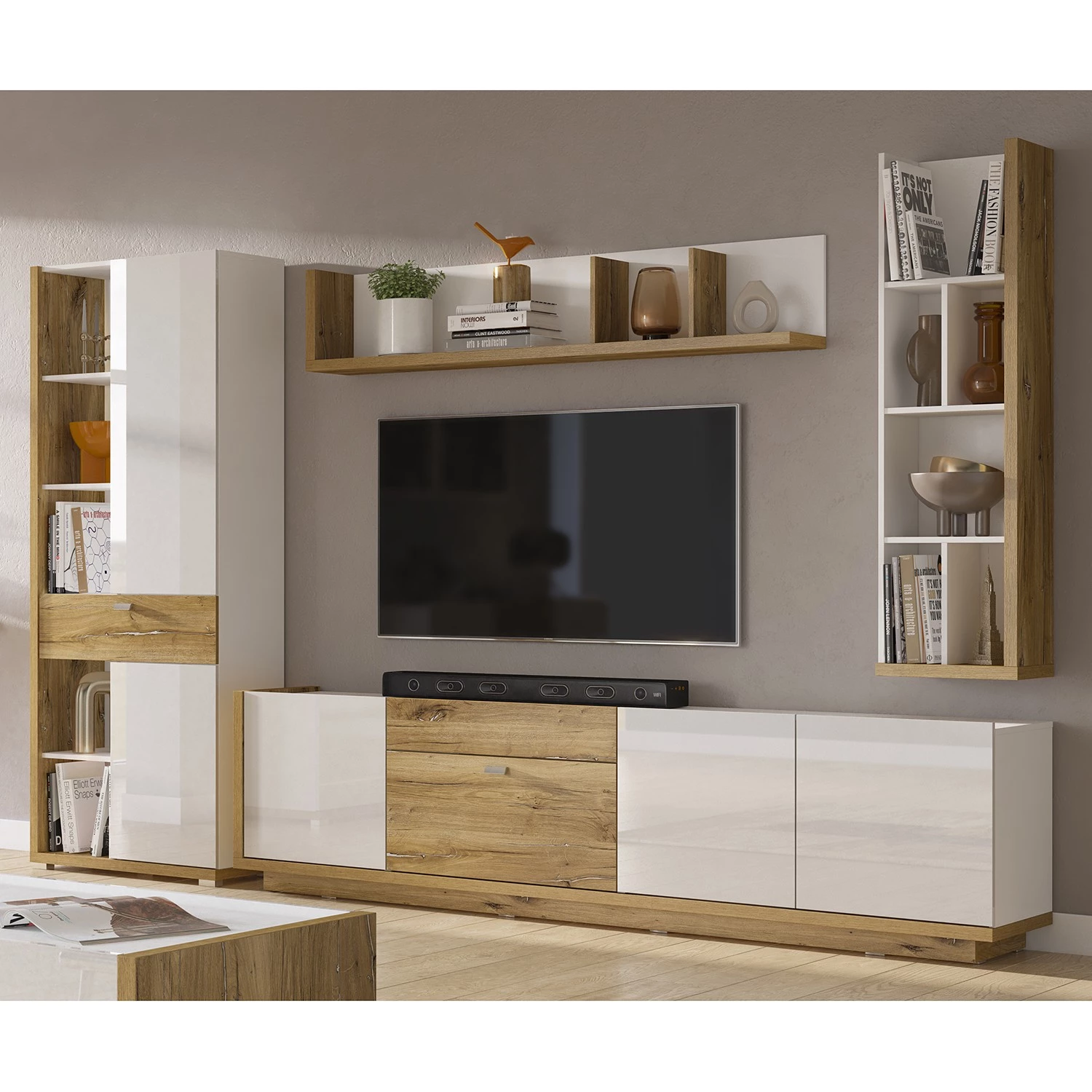 Loftscape Ensemble meubles TV Lahntal II (4 élém.) - Blanc brillant / Imitation chêne à nœuds 3 Loftscape Ensemble meubles TV Lahntal II (4 élém.) - Blanc brillant / Imitation chêne à nœuds