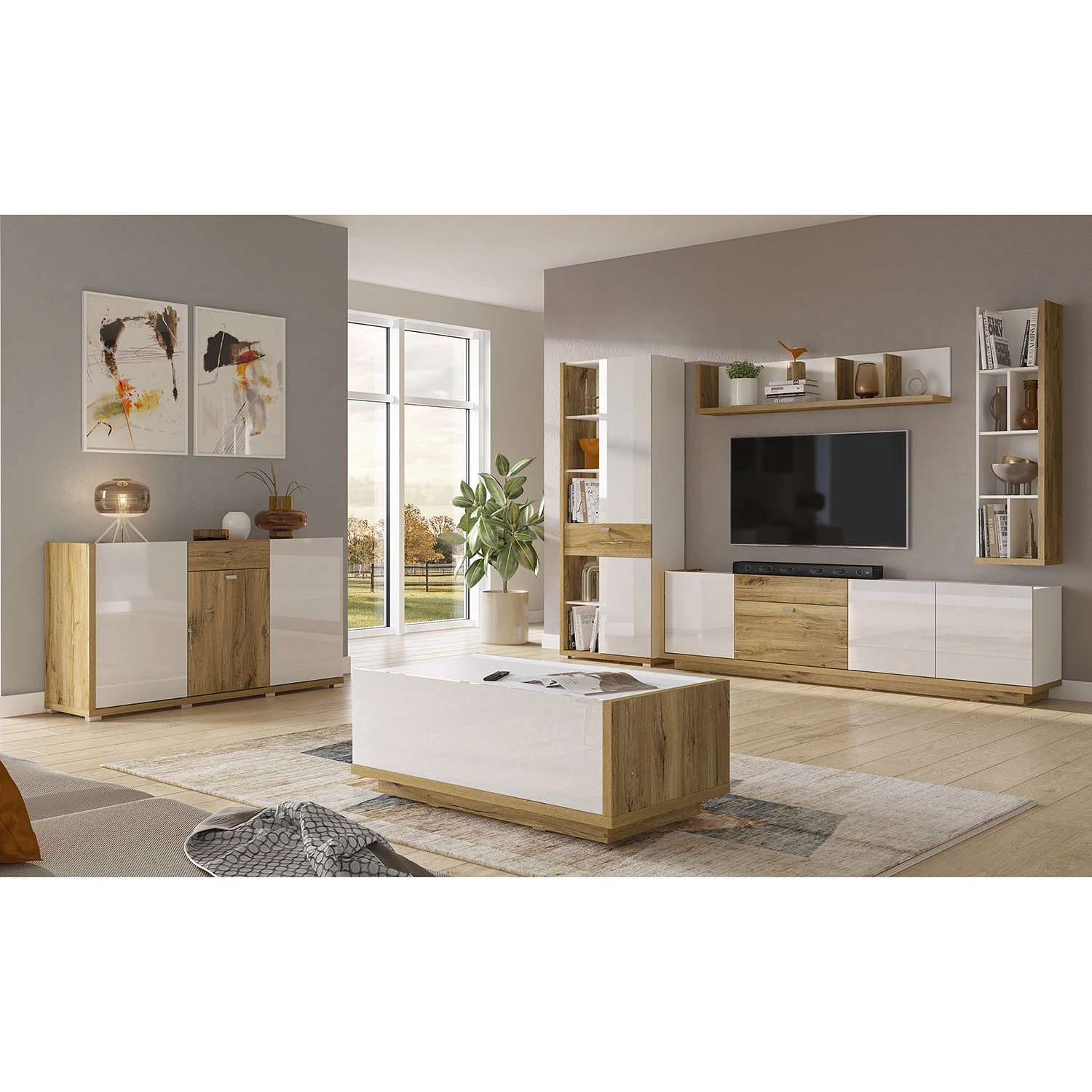 Loftscape Ensemble meubles TV Lahntal II (4 élém.) - Blanc brillant / Imitation chêne à nœuds 4 Loftscape Ensemble meubles TV Lahntal II (4 élém.) - Blanc brillant / Imitation chêne à nœuds – Image 2