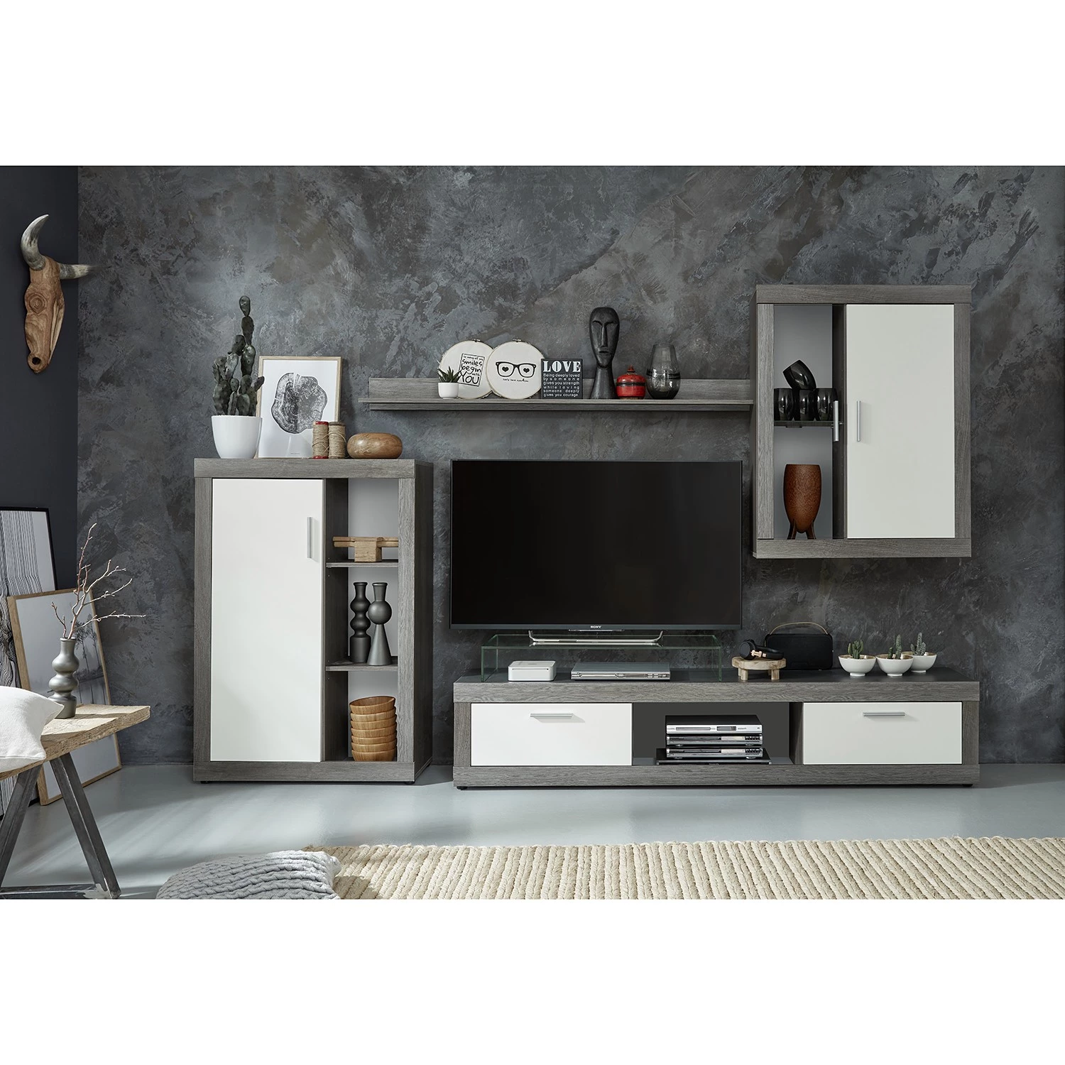Trendteam Ensemble meubles TV jazz I (4 éléments) - Imitation chêne gris / Blanc 4 Trendteam Ensemble meubles TV jazz I (4 éléments) - Imitation chêne gris / Blanc – Image 2
