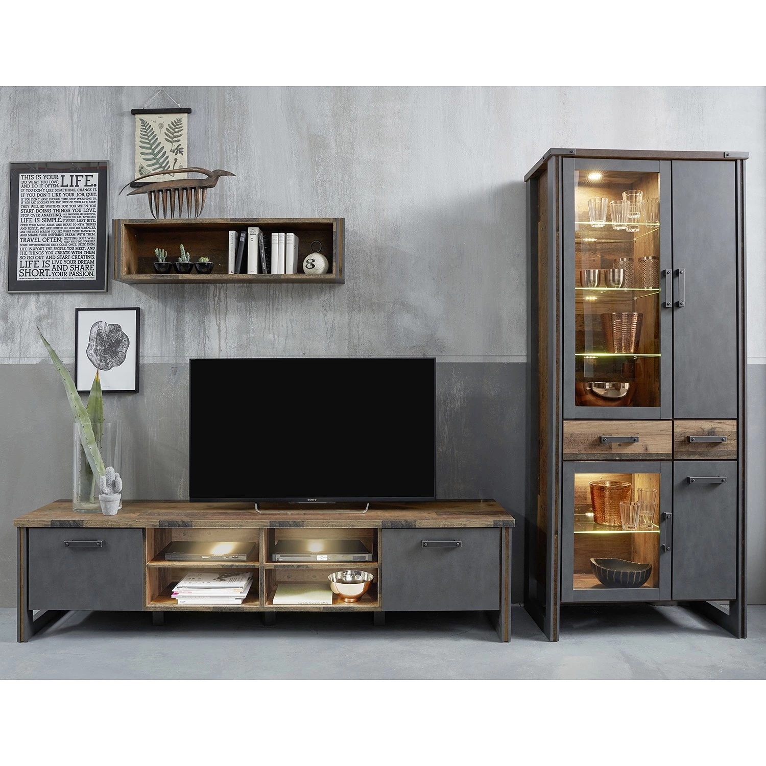 Trendteam Ensemble meubles TV Prime II (3 élém.) - Imitation béton / Imitation vieux bois 3 Trendteam Ensemble meubles TV Prime II (3 élém.) - Imitation béton / Imitation vieux bois