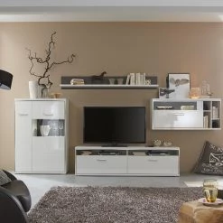 Loftscape Ensemble mural Arco I (4 éléments) - Blanc brillant / Gris -Meubles TV muraux Soldes wohnwand arco i 4 teilig hochglanz weiss grau 4711056