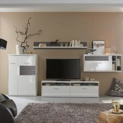 Loftscape Ensemble mural Arco I (4 éléments) - Blanc brillant / Gris -Meubles TV muraux Soldes wohnwand arco i 4 teilig hochglanz weiss grau 4711068