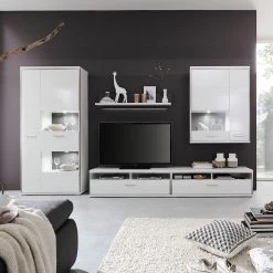 Loftscape Ensemble mural Arco II (5 éléments) - Blanc brillant / Gris -Meubles TV muraux Soldes wohnwand arco ii 5 teilig hochglanz weiss grau 4710648