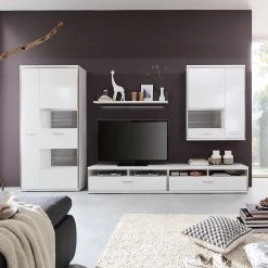 Loftscape Ensemble mural Arco II (5 éléments) - Blanc brillant / Gris -Meubles TV muraux Soldes wohnwand arco ii 5 teilig hochglanz weiss grau 4710664