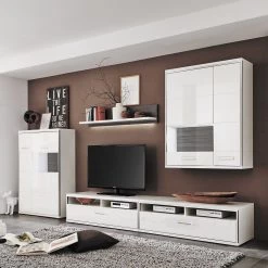 Loftscape Ensemble mural Arco III (5 éléments) - Blanc brillant / Gris -Meubles TV muraux Soldes wohnwand arco iii 5 teilig hochglanz weiss grau 4710696