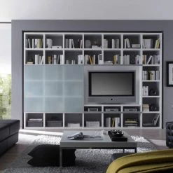 Loftscape Ensemble meuble TV Empire - Blanc brillant - Porte vitrée coulissante